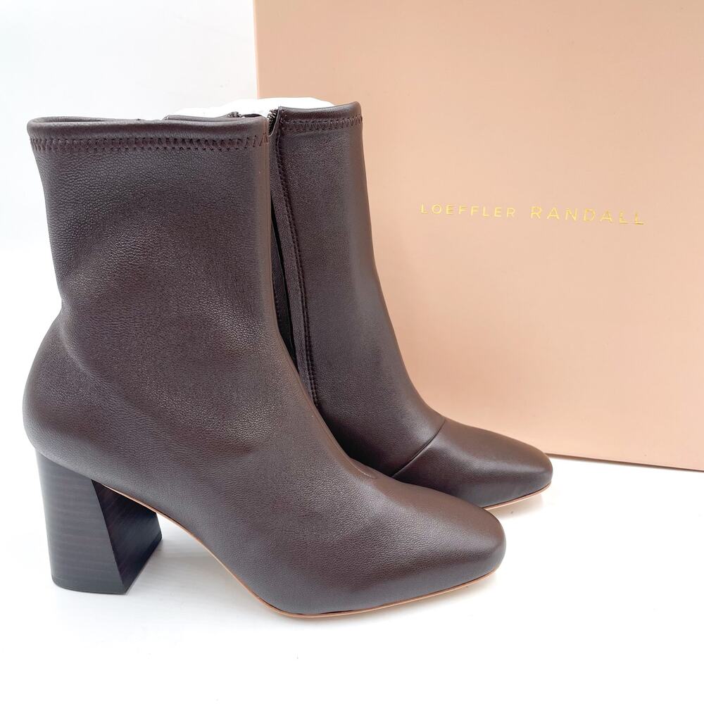 Loeffler Randall Elise Bootie Stretch Chocolate Brown Leather Block Heel Sz 5.5